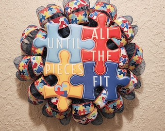 Autism Awareness Wreath - Puzzle Pieces - Deco Mesh and Ribbon