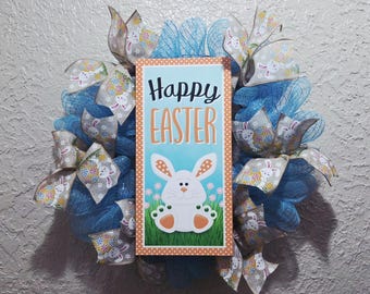 Happy Easter Bunny Wreath - Deco Mesh and Ribbon - Handmade
