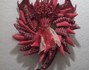 Fire Dragon Wreath - Red & Black- Poly Burlap Mesh - Lighted - Handmade