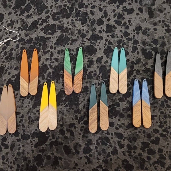 Resin and Natural Wood Slender Teardrop Earrings - Pick Your Color