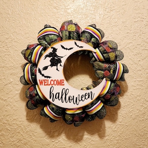 Welcome Halloween Witch and Moon Wreath - Fabric and Ribbon