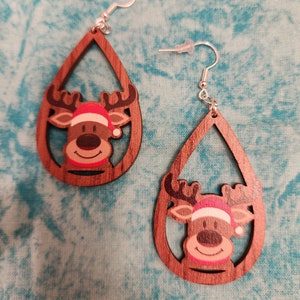 Reindeer Teardrop Natural Wood Earrings - Christmas - Pick Your Finish Color