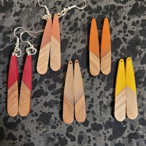 Resin and Natural Wood Slender Teardrop Earrings - Pick Your Color - Etsy