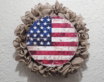 American Flag Wreath - Distressed - Patriotic- Burlap
