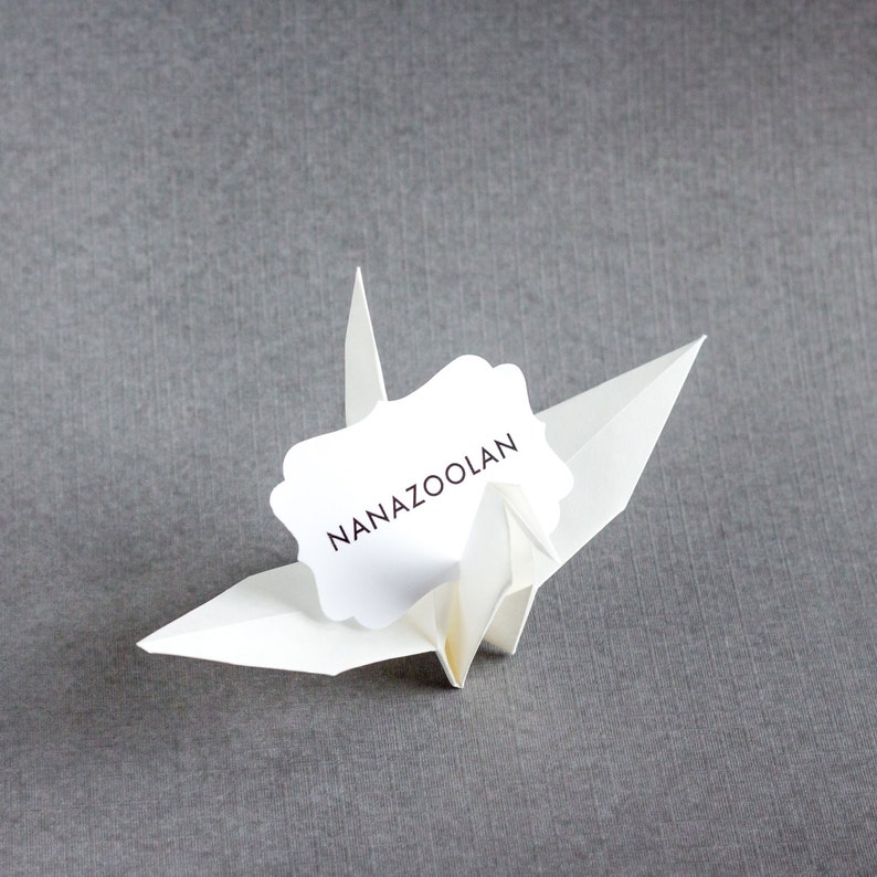 Grey Origami Paper Crane White Name Place Cards Minimalist Neutral Wedding Reception Banquet Hall Decoration Modern Geometric Guest Favours image 4
