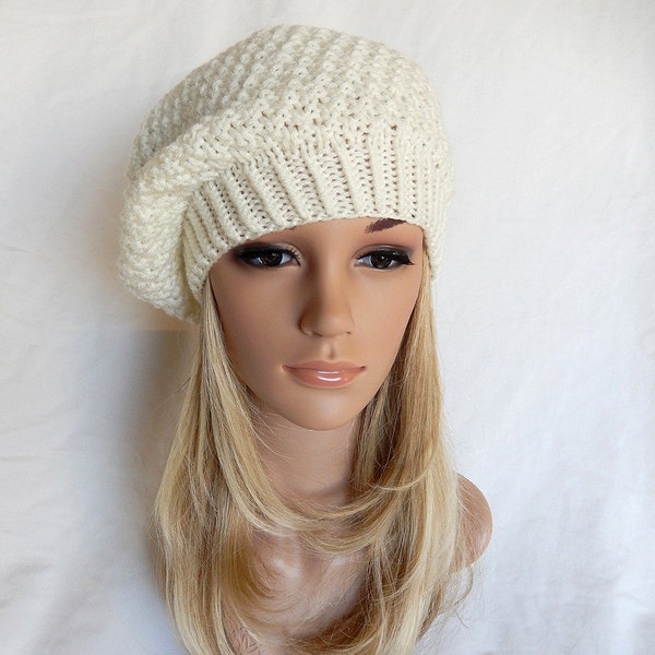 Knit Hat Slouchy Beret Handmade..Winter White 2