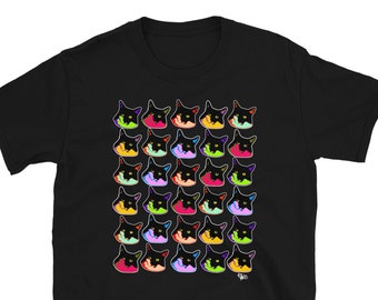 Rainbow Pop Art Tuxedo Kitty design adult unisex tee shirt original art by Blake Chamberlain cat lover fun gift