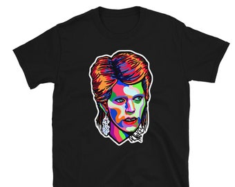 Colorful David Bowie design adult unisex tee shirt original art by Blake Chamberlain