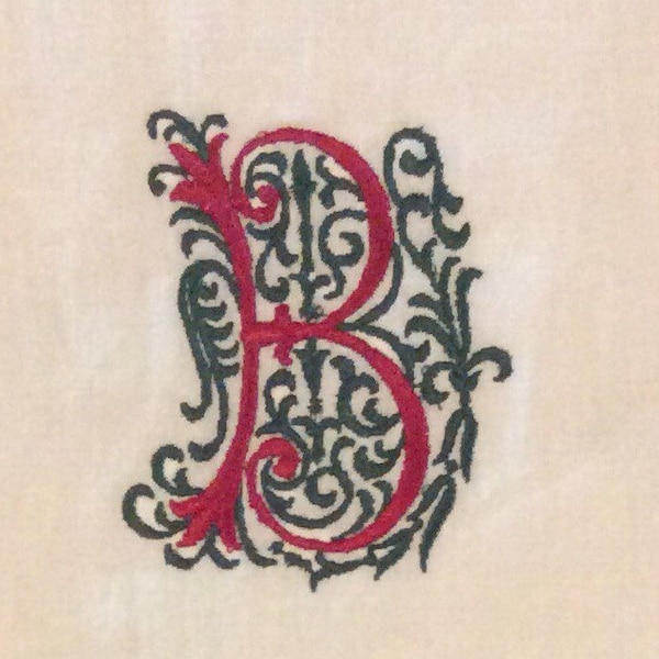 Embroidered Holiday Green and Red "B" Monogram Guest Towel with Gilucci stitch Border in ecru color, Irish Linen