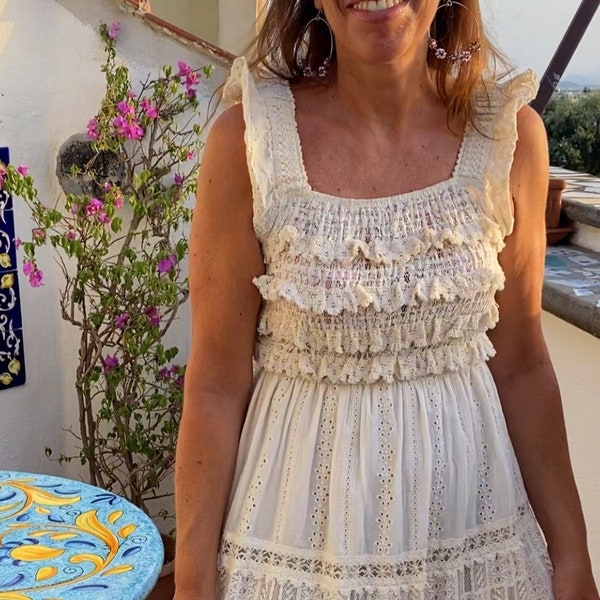 Vestito avorio Boho, vestito lungo estivo Boho, vestito Ibiza di pizzo