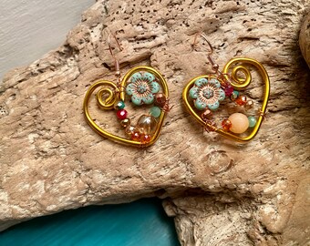 Heart earrings with glass flowers, earrings with hearts, bohemian earrings