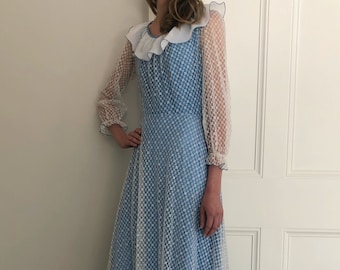 Schöne 1970er Jahre blau & weiß Maxi-Kleid mit schiere Ärmel