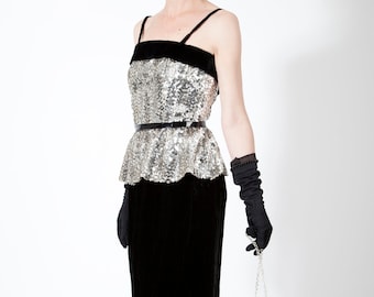 1960er Jahre schwarz samt und Silber Pailletten Cocktailkleid