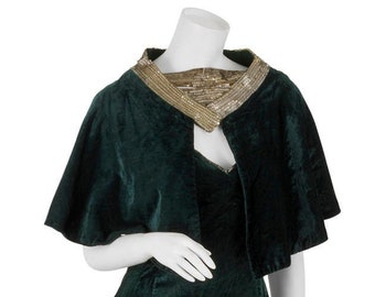 1930s Bottle Green Velvet & Gold Sequin Dress with Matching Cape