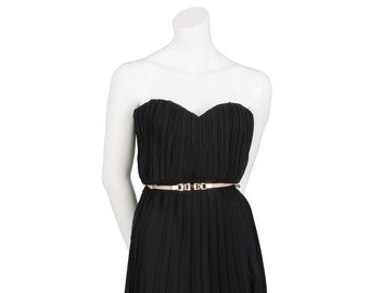 Bodenlange schwarze Vintage Kleid in Pleated Stoff