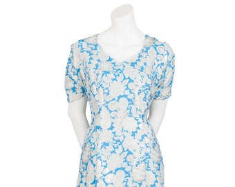 Wunderschönes 60er Maxi Kleid in Metallic Blau Blumenmuster