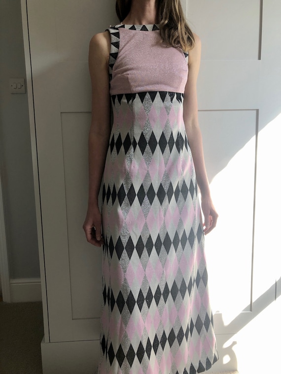 1960s-1970s Maxi Dress in Pink, Silver & Black Op… - image 1