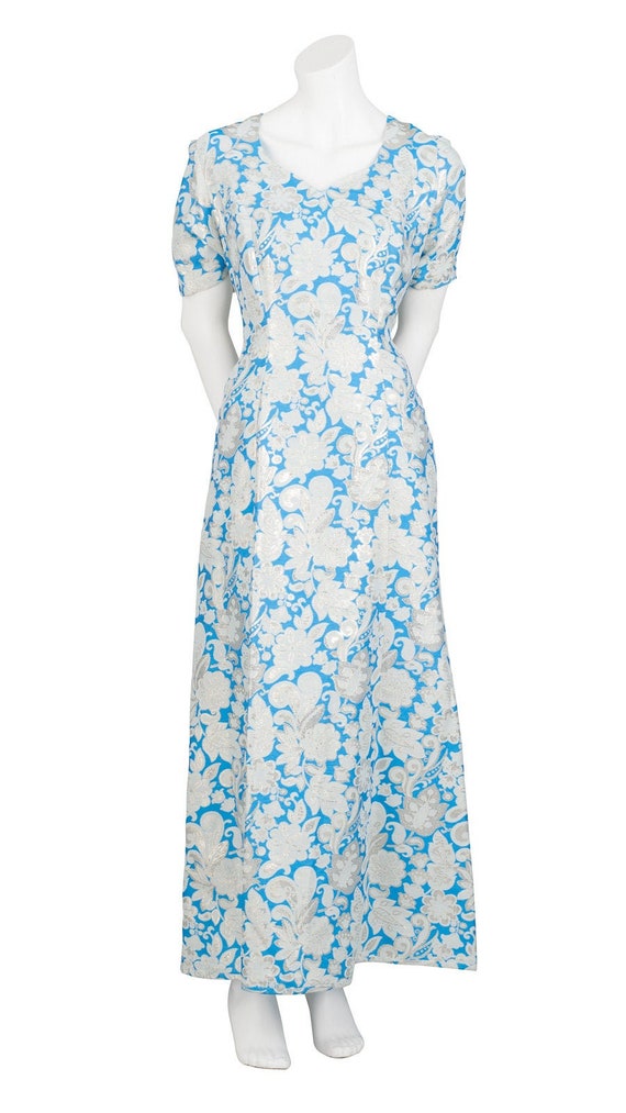 Stunning 1960s Maxi Dress in Metallic Blue Floral… - image 1