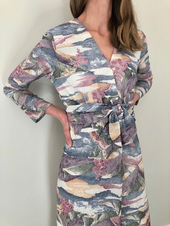 Lustrous 1970s Metallic Gown in Abstract Pastel Pr