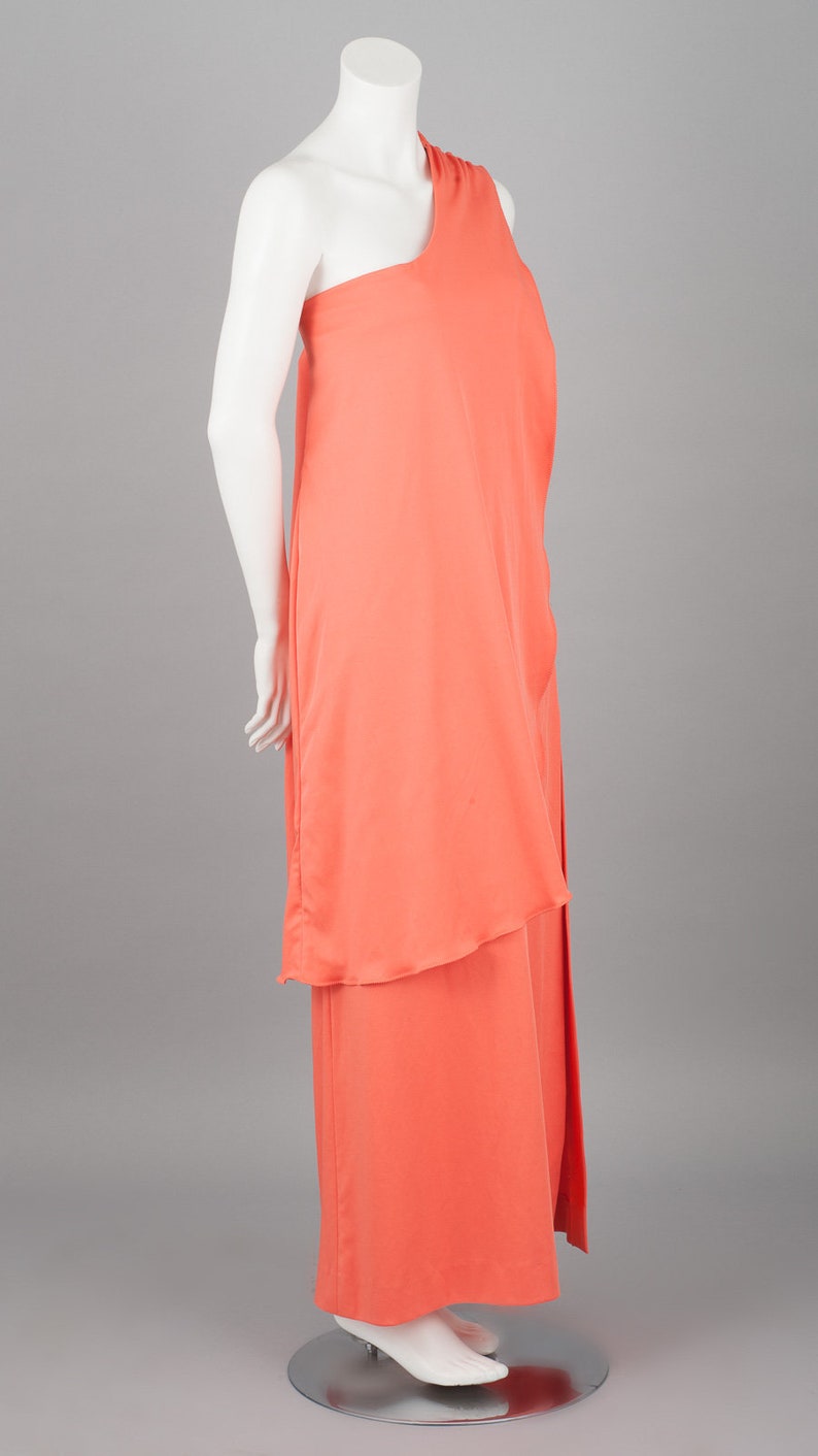 1970s Coral One-Shoulder Maxi Dress Size L image 3