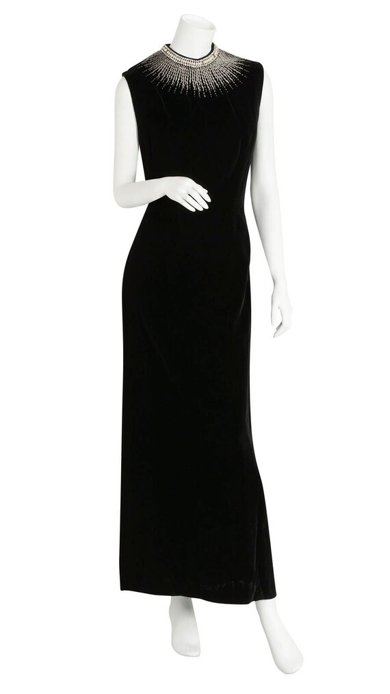 1960s Black Velvet Gown with Starburst Collar - image 2