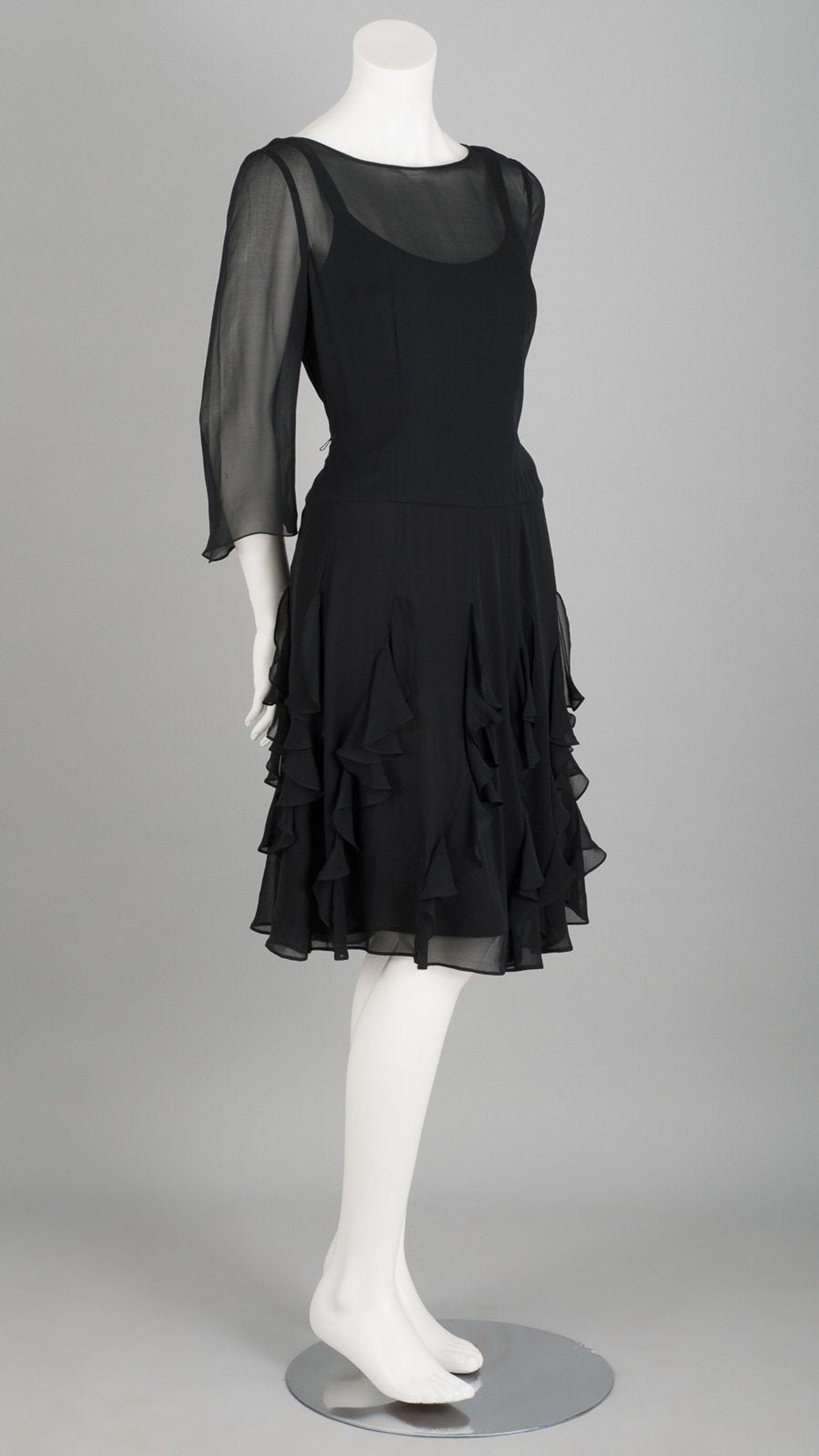 Vintage Black Cocktail Dress With Ruffles & Sheer Sleeves by Lillie