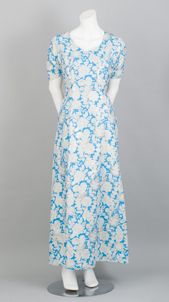 Stunning 1960s Maxi Dress in Metallic Blue Floral… - image 3