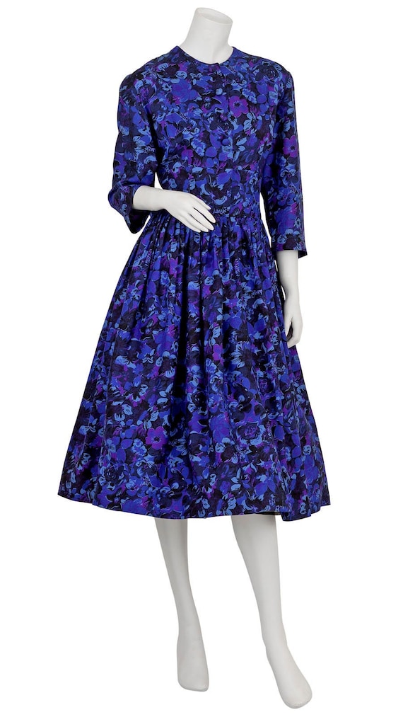 Purple 1950s Floral Print Day Dress - image 1