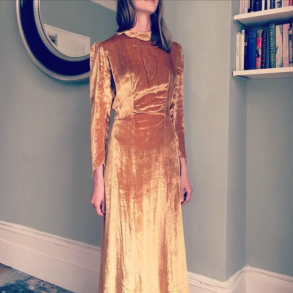Sublime 1930s Gold Velvet Maxi Dress with Puff Sle