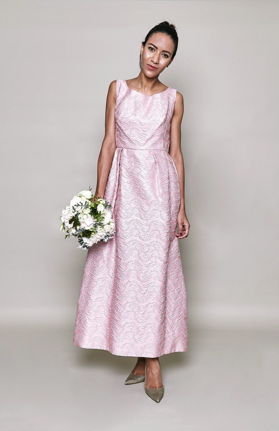 Metallic 1960s Ball Gown in Pink & Silver Texture… - image 1