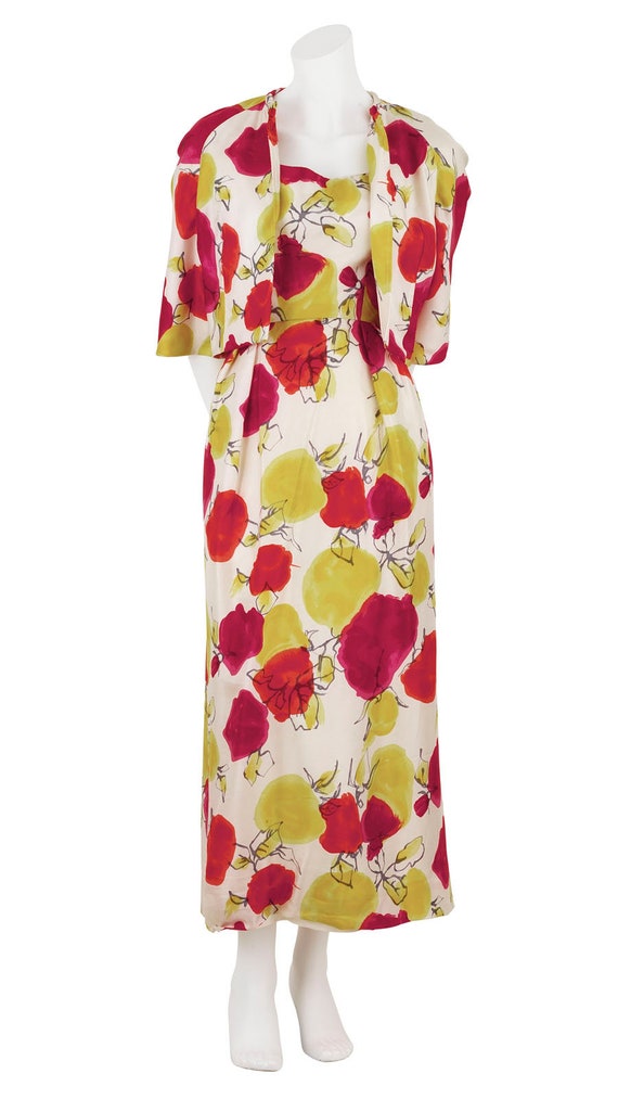 Late 50s Early 60s Floral Print Silk Dress / Maxi… - image 2