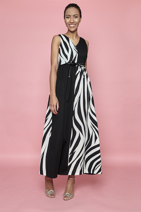 Disco! 1970s Zebra-Print Sleeveless Maxi Dress