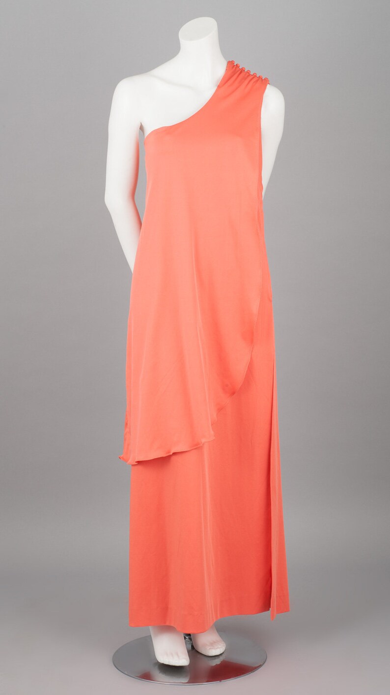 1970s Coral One-Shoulder Maxi Dress Size L image 2