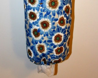 Grocery Bag Holder, Plastic Bag Holder/Dispenser / Blue flowers with Tan Background