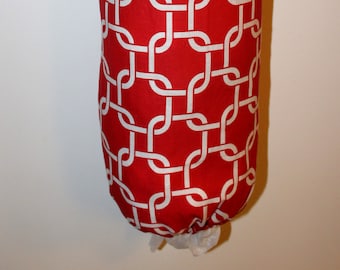 Grocery Bag Holder, Plastic Bag Holder/Dispenser / Red with White Geometric Squares