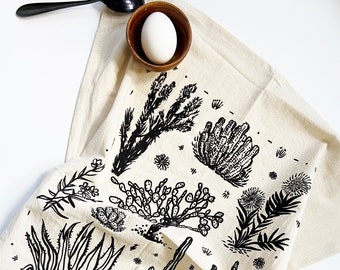 Organic Tea Towel | Cactus Variations | Black or Green | Hand Printed