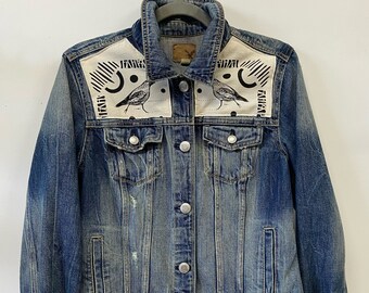 One of a Kind Upcycled Reworked Eco Denim Jacket with Cotton Hand Printed Bear and Quail Bird Inlay Design