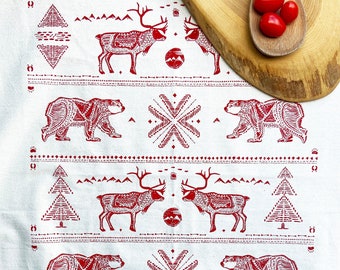Hand Printed Tea Towel | Organic Cotton Floursack | Nordic Style Reindeer Polar Bear | Large Kitchen Towel | Eco Screen Printed
