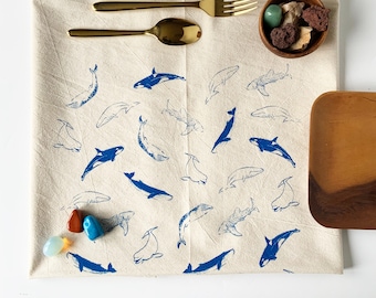 Hand Printed Tea Towel | Organic Cotton Floursack | Original Blue Whales Design | Large Kitchen Towel | Eco Screen Printed