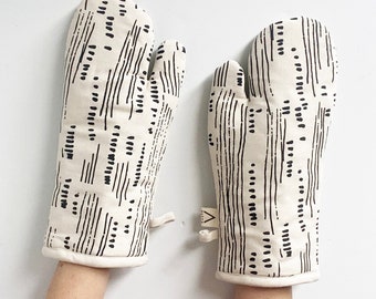 Ensemble de gants de four en coton naturel | Modèle abstrait | Unisexe | Toile en coton