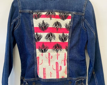 One of a Kind Upcycled Reworked Eco Denim Jacket with Hand Printed Pink Cactus Back Inlay