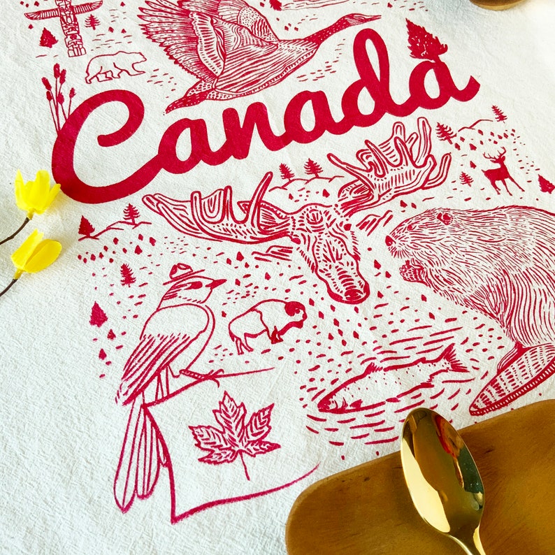 Hand Printed Tea Towel Organic Cotton Floursack Original Canada Red Design Large Kitchen Towel Eco Screen Printed 画像 3