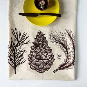 Hand Printed Tea Towel Organic Cotton Floursack Pine and Cone Forest Brown Large Kitchen Towel Eco Screen Printed image 1