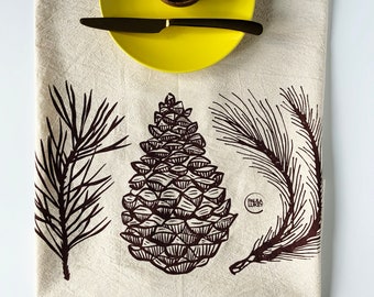 Hand Printed Tea Towel | Organic Cotton Floursack | Pine and Cone Forest Brown | Large Kitchen Towel | Eco Screen Printed