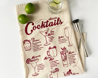 Hand Printed Tea Towel | Organic Cotton Floursack | Classic Cocktails Design | Large Kitchen Towel | Eco Screen Printed