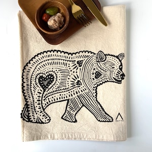 Hand Printed Tea Towel | Organic Cotton Floursack | Original Black Bear Design | Large Kitchen Towel | Eco Screen Printed