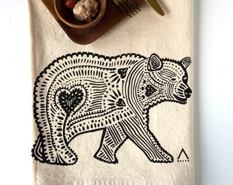 Hand Printed Tea Towel | Organic Cotton Floursack | Original Black Bear Design | Large Kitchen Towel | Eco Screen Printed