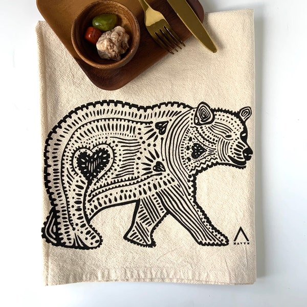 Hand Printed Tea Towel | Organic Cotton Floursack | Original Black Bear Design | Large Kitchen Towel | Eco Screen Printed