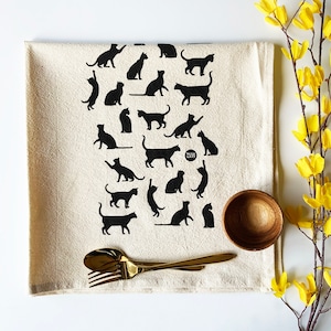 Hand Printed Tea Towel | Organic Cotton Floursack | Original Playful Cats Design | 20x24 Kitchen Towel | Eco Screen Printed