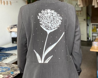 One of a Kind Upcycled Reworked Eco Suit Jacket with Hand Printed Flower Design
